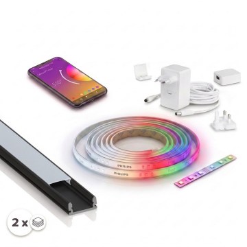 KIT 1x striscia LED RGBW dimmerabile Philips Hue WHITE AND COLOR AMBIANCE LED/20W/230V 2 m + 2x profilo da incasso 1 m nero/bianco