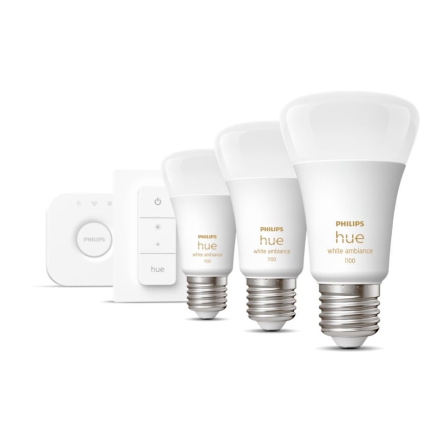 Kit base Philips Hue White Ambiance 3xE27/11W 2200-6500K + Hue Bridge e interruttore dimmer