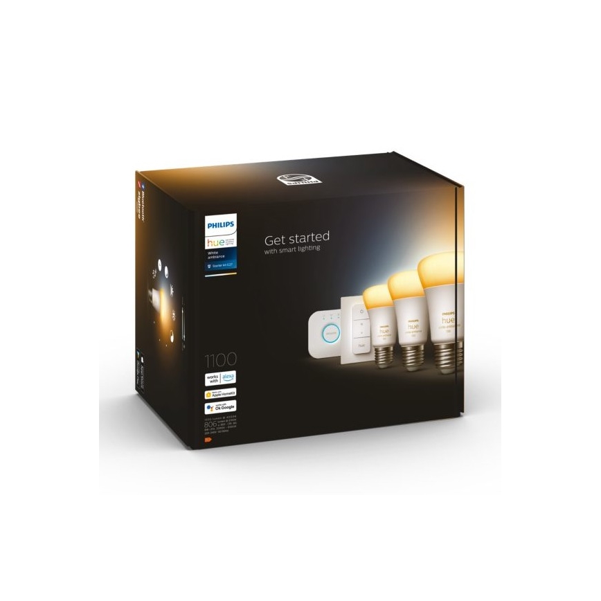 Kit base Philips Hue White Ambiance 3xE27/11W 2200-6500K + Hue Bridge e interruttore dimmer