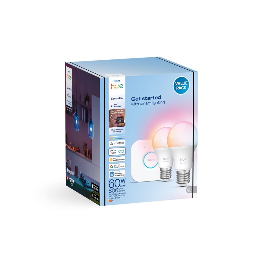 Kit base Philips Hue White and Color Ambiance Essential 2 lampadine E27 8W 230V (2200-6500K) + dispositivo di connessione