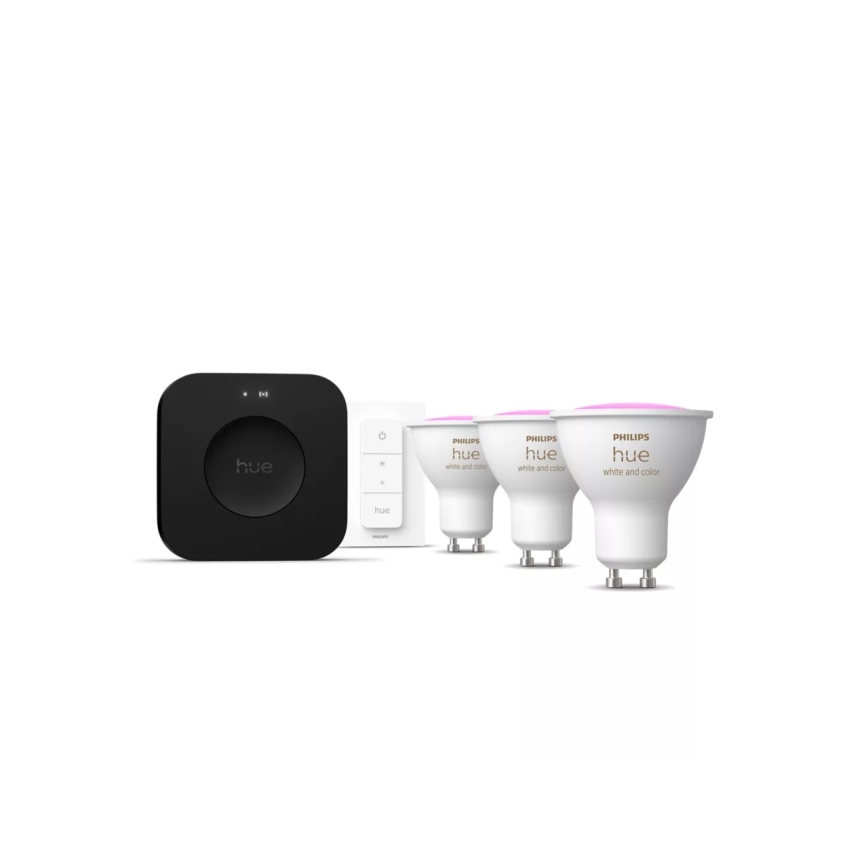 Kit base Philips Hue WHITE AND COLOR AMBIANCE 3xGU10/4,2W 2000-6500K + Hue Bridge e Dimmer Switch