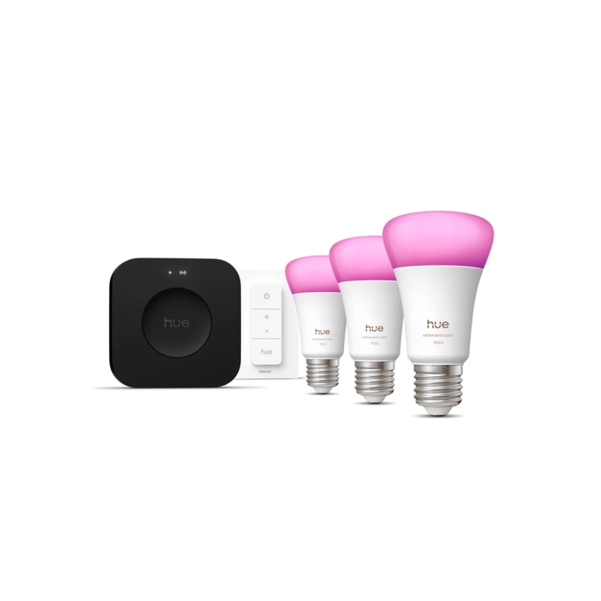 Kit base Philips Hue WHITE AND COLOR AMBIANCE 3xE27/8,1W 1000-20000K + Hue Bridge e interruttore dimmer