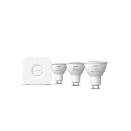 Kit iniziale Philips Hue WHITE AND COLOR AMBIANCE con 3 lampadine GU10 da 4,2W/230V, 2200-6500K + Hue Bridge