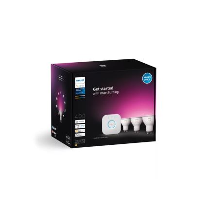 Kit iniziale Philips Hue WHITE AND COLOR AMBIANCE con 3 lampadine GU10 da 4,2W/230V, 2200-6500K + Hue Bridge