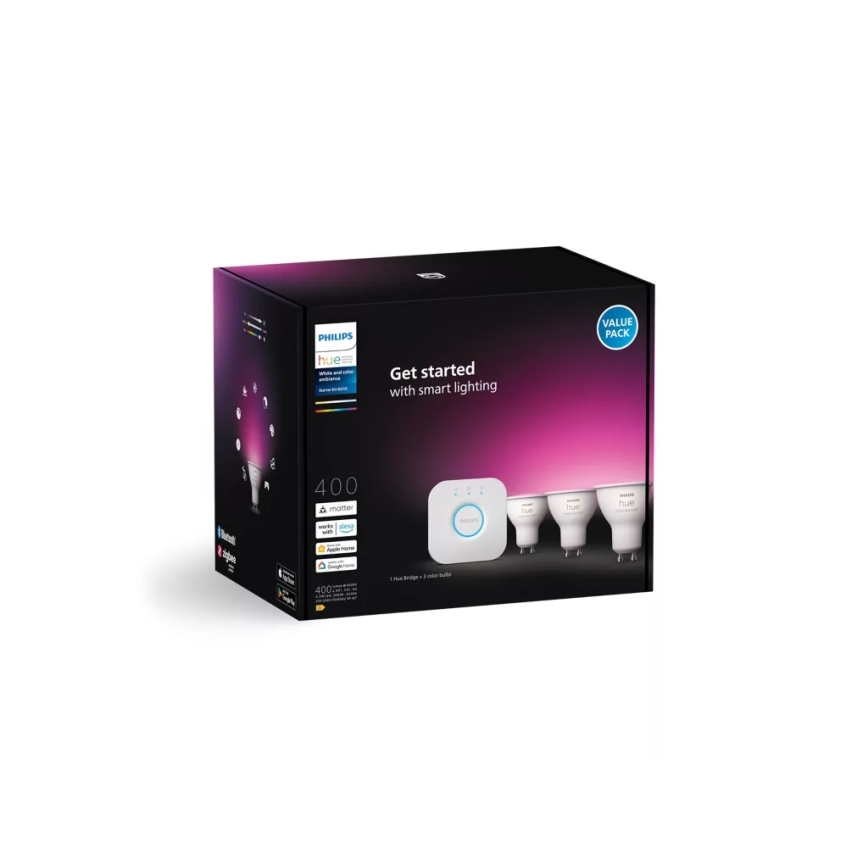 Kit iniziale Philips Hue WHITE AND COLOR AMBIANCE con 3 lampadine GU10 da 4,2W/230V, 2200-6500K + Hue Bridge