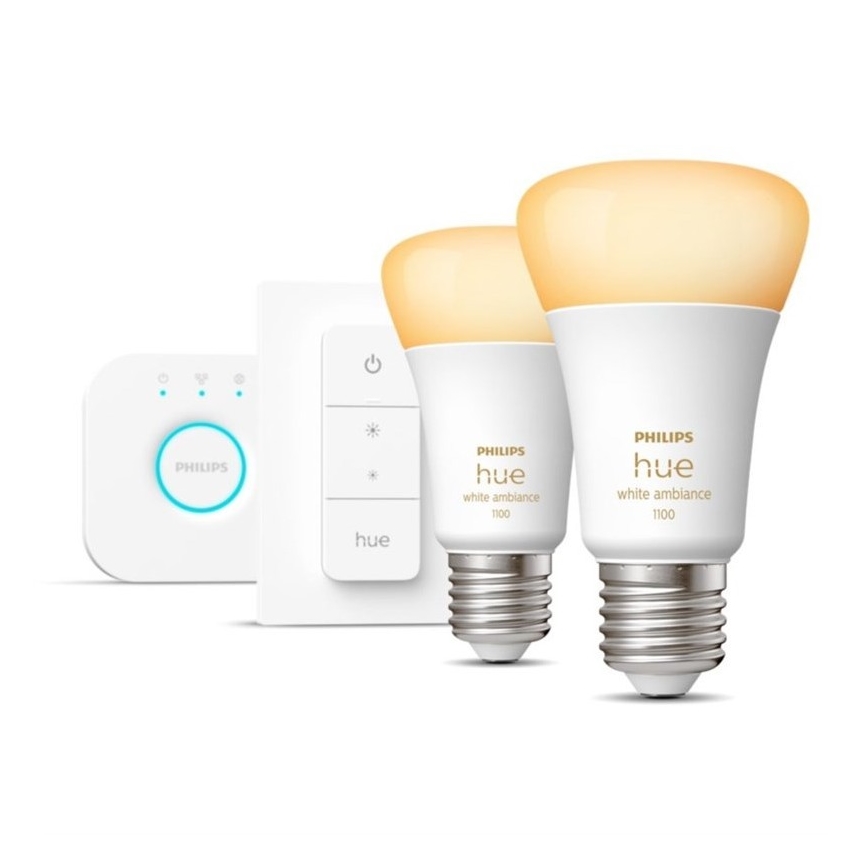 Kit base Philips Hue WHITE AMBIANCE 2xE27/8W/230V + Hue Bridge e interruttore dimmer
