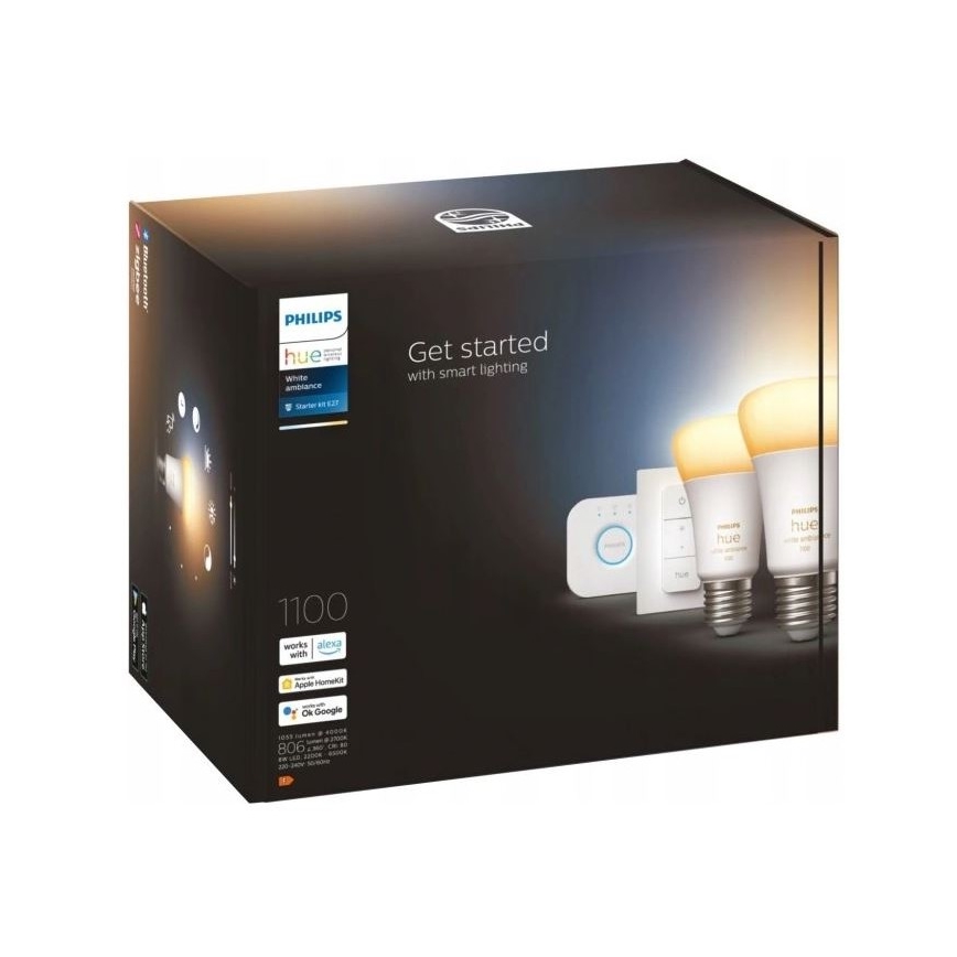 Kit base Philips Hue WHITE AMBIANCE 2xE27/8W/230V + Hue Bridge e interruttore dimmer