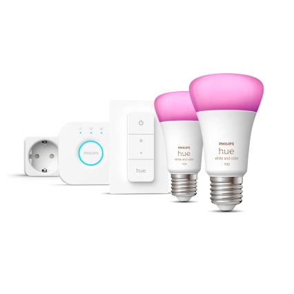 Kit base Philips Hue WHITE AND COLOR AMBIANCE 2xE27/9W/230V 2200-6500K + presa intelligente, Hue Bridge e Dimmer Switch