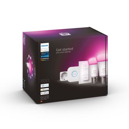 Kit base Philips Hue WHITE AND COLOR AMBIANCE 2xE27/9W/230V 2200-6500K + presa intelligente, Hue Bridge e Dimmer Switch