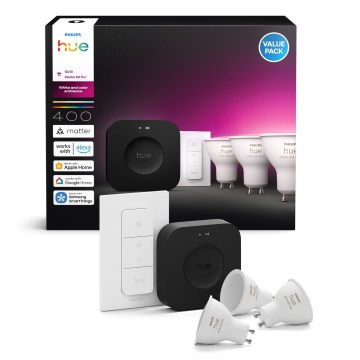 Kit base Philips Hue WHITE AND COLOR AMBIANCE 3xGU10/4,2W 2000-6500K + Hue Bridge e Dimmer Switch