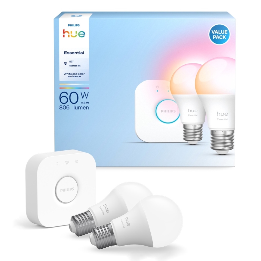 Kit base Philips Hue White and Color Ambiance Essential 2 lampadine E27 8W 230V (2200-6500K) + dispositivo di connessione