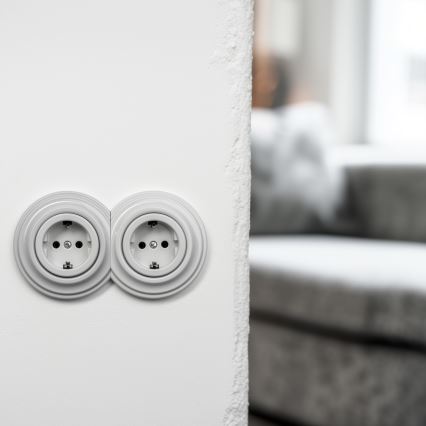 Kliklap - Presa doppia domestica in stile retrò con cornice SCHUKO 230V/16A, bianca in ceramica