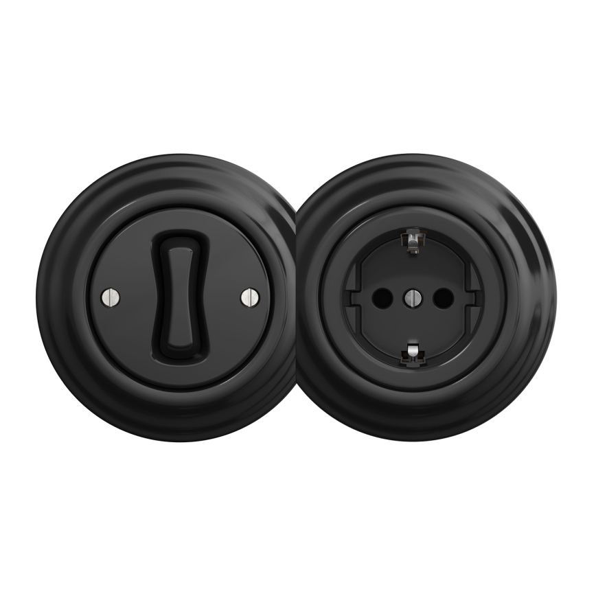 Kliklap - Interruttore unipolare (1 modulo) in stile retrò e presa SCHUKO 230V con cornice nera