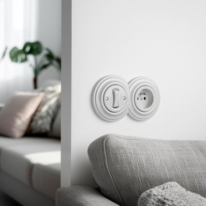 Kliklap - Interruttore unipolare retrò n. 1 e presa 230V con cornice in ceramica bianca