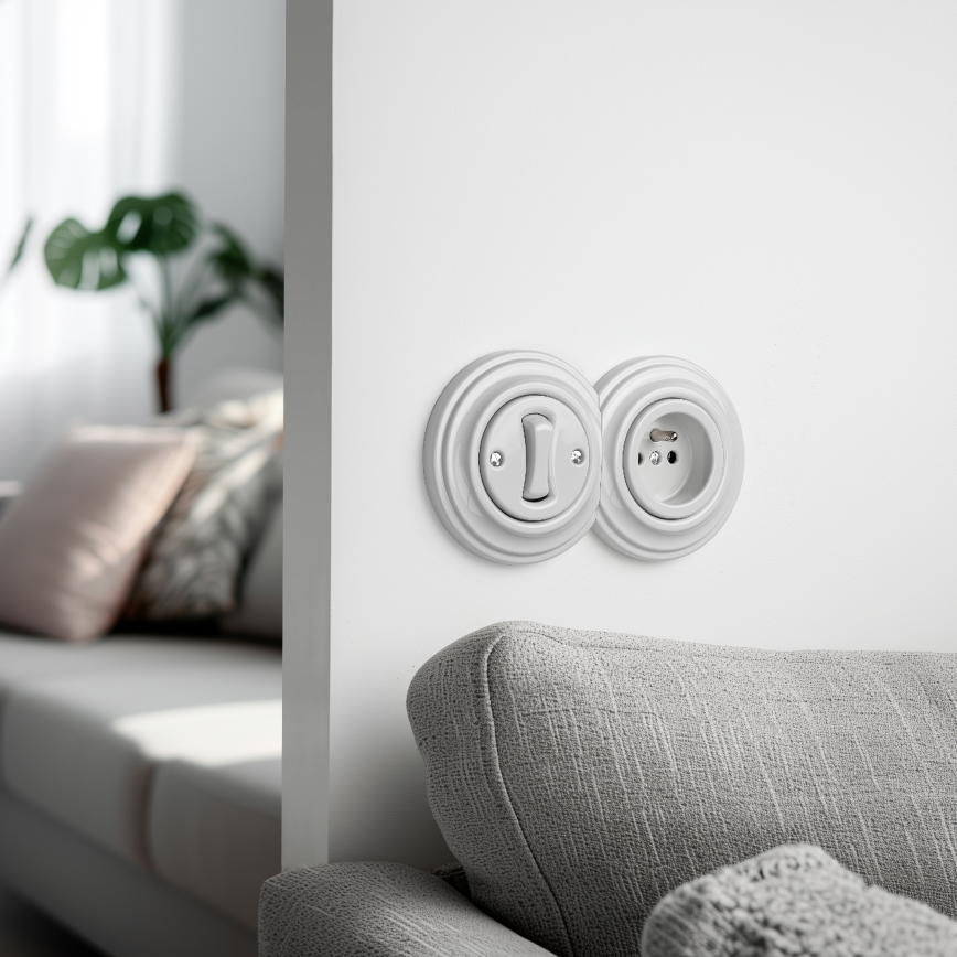Kliklap - Interruttore unipolare retrò n. 1 e presa 230V con cornice in ceramica bianca