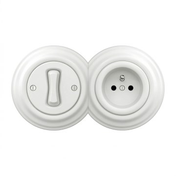 Kliklap - Interruttore unipolare retrò n. 1 e presa 230V con cornice, bianco neve
