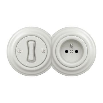 Kliklap - Interruttore unipolare retrò n. 1 e presa 230V con cornice in ceramica bianca