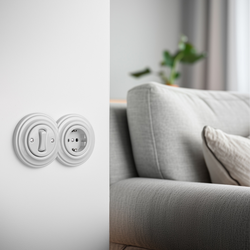 Kliklap - Interruttore unipolare retrò n. 1 e presa SCHUKO 230 V con cornice in ceramica bianca