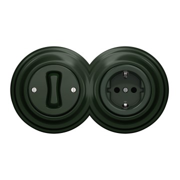 Kliklap - interruttore unipolare retrò n. 1 e presa SCHUKO 230 V con cornice, verde