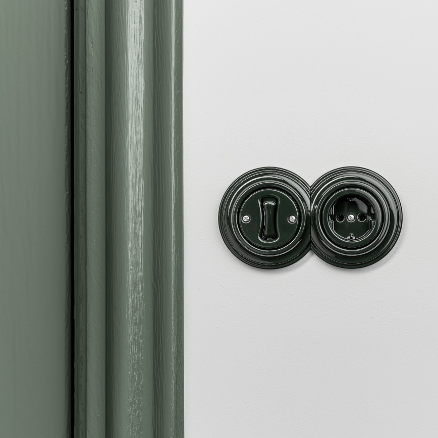 Kliklap - interruttore unipolare retrò n. 1 e presa SCHUKO 230 V con cornice, verde