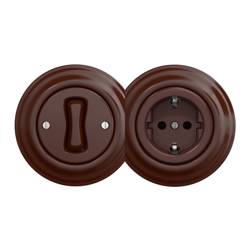 Kliklap - Interruttore unipolare retrò n. 1 e presa SCHUKO 230 V con placca, marrone