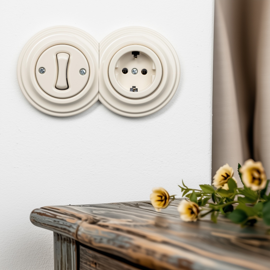 Kliklap - Interruttore unipolare retrò n. 1 e presa SCHUKO 230V con cornice beige