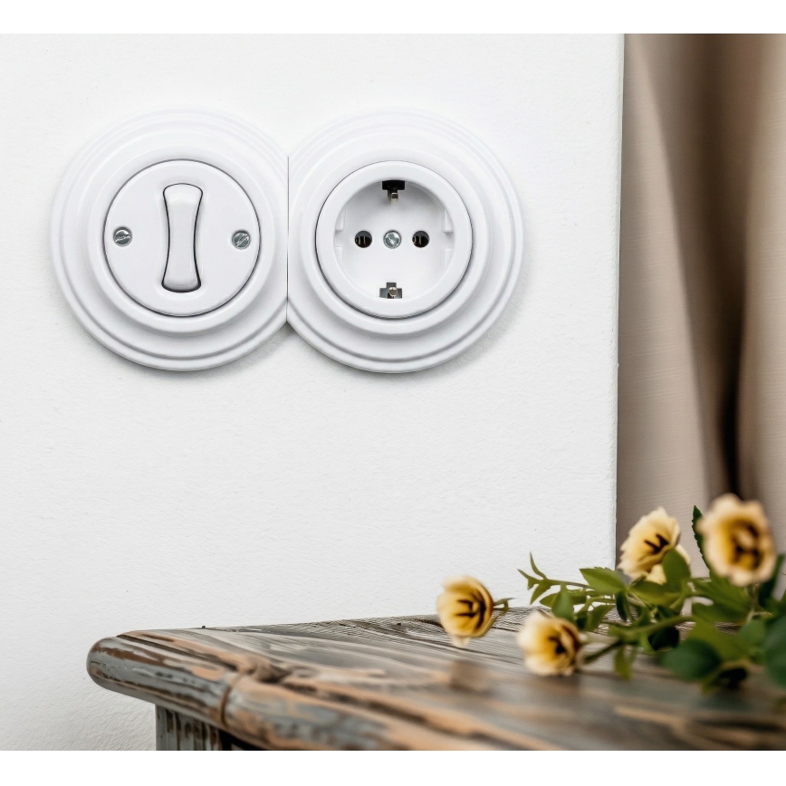 Kliklap - Interruttore unipolare retrò n. 1 e presa SCHUKO 230 V con cornice in bianco neve