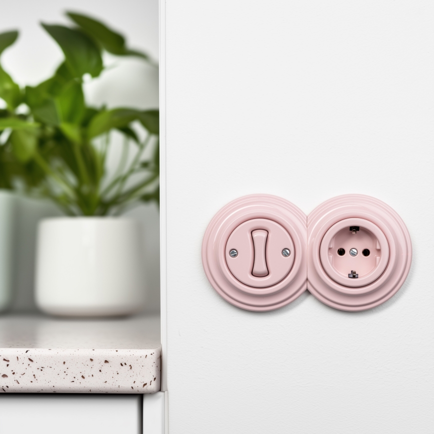 Kliklap - Interruttore unipolare retrò n. 1 e presa SCHUKO 230 V con cornice, rosa antico