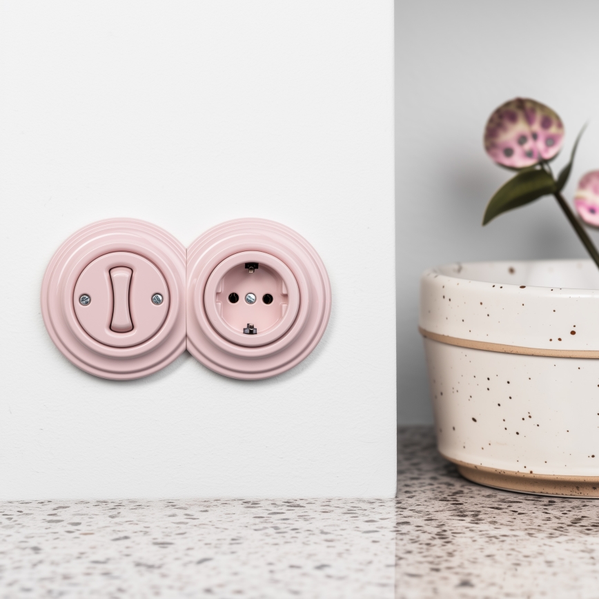 Kliklap - Interruttore unipolare retrò n. 1 e presa SCHUKO 230 V con cornice, rosa antico