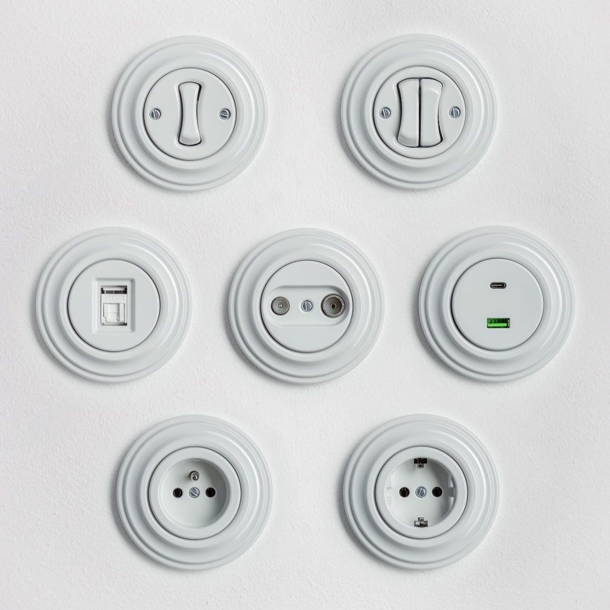 Kliklap - Presa a muro retrò con cornice SCHUKO 230V/16A in ceramica bianca