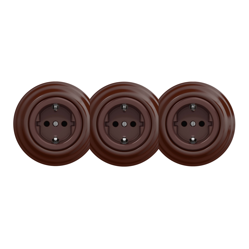 Kliklap - Presa a muro tripla in stile retrò con placca SCHUKO 230 V, marrone