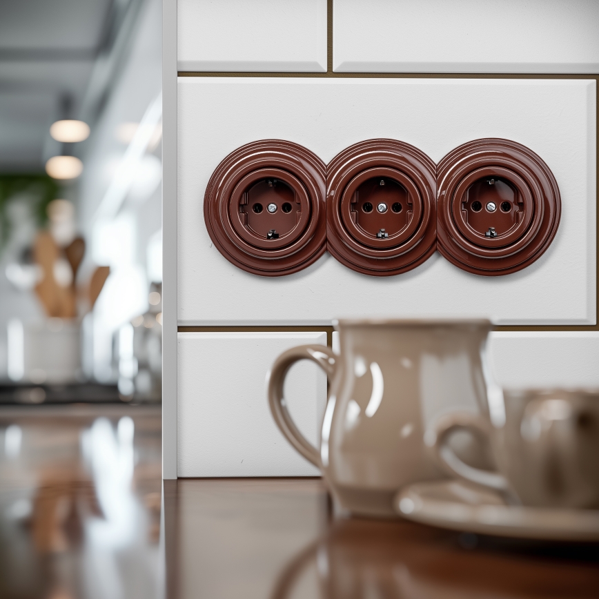 Kliklap - Presa a muro tripla in stile retrò con placca SCHUKO 230 V, marrone