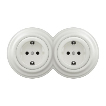 Kliklap - Presa da parete doppia in stile retrò con cornice SCHUKO 230V/16A, bianca