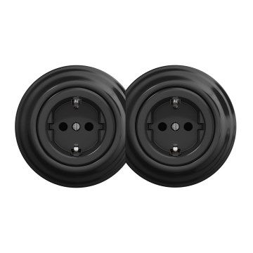 Kliklap - Presa domestica doppia in stile retrò con placca SCHUKO 230V nera