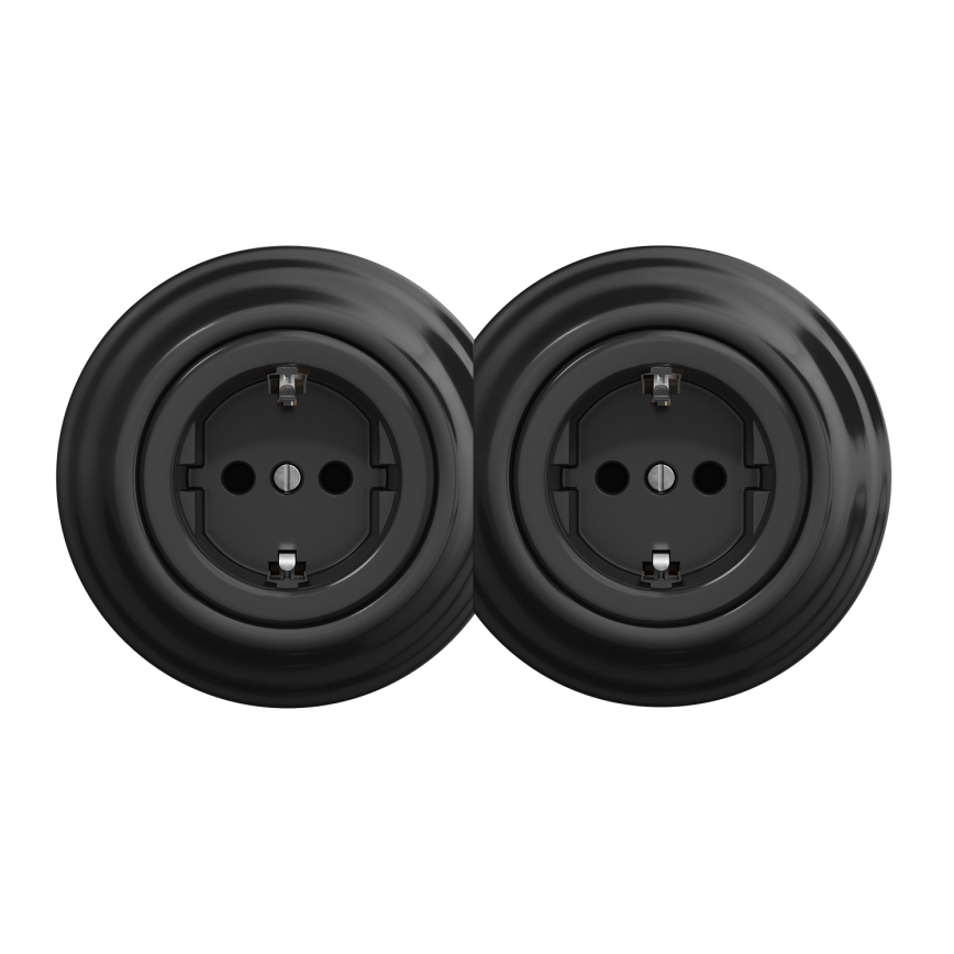 Kliklap - Presa domestica doppia in stile retrò con placca SCHUKO 230V nera