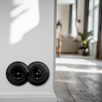 Kliklap - Presa domestica doppia in stile retrò con placca SCHUKO 230V nera