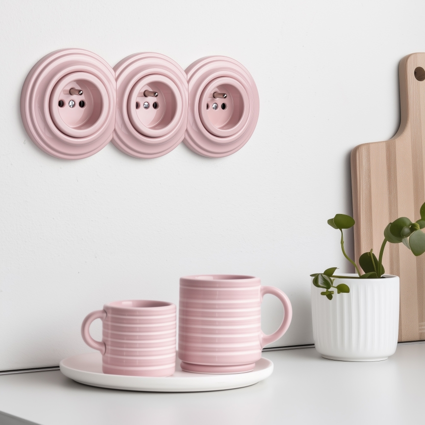 Kliklap - Presa domestica tripla in stile retrò con cornice 230V rosa antico