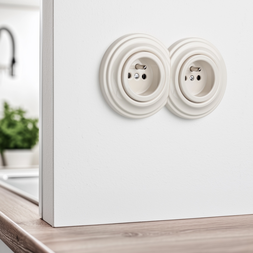 Kliklap - Presa doppia a muro in stile retrò con cornice, 230V, beige