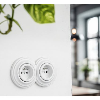 Kliklap - Presa doppia da parete in stile retrò con cornice 230V, bianco neve