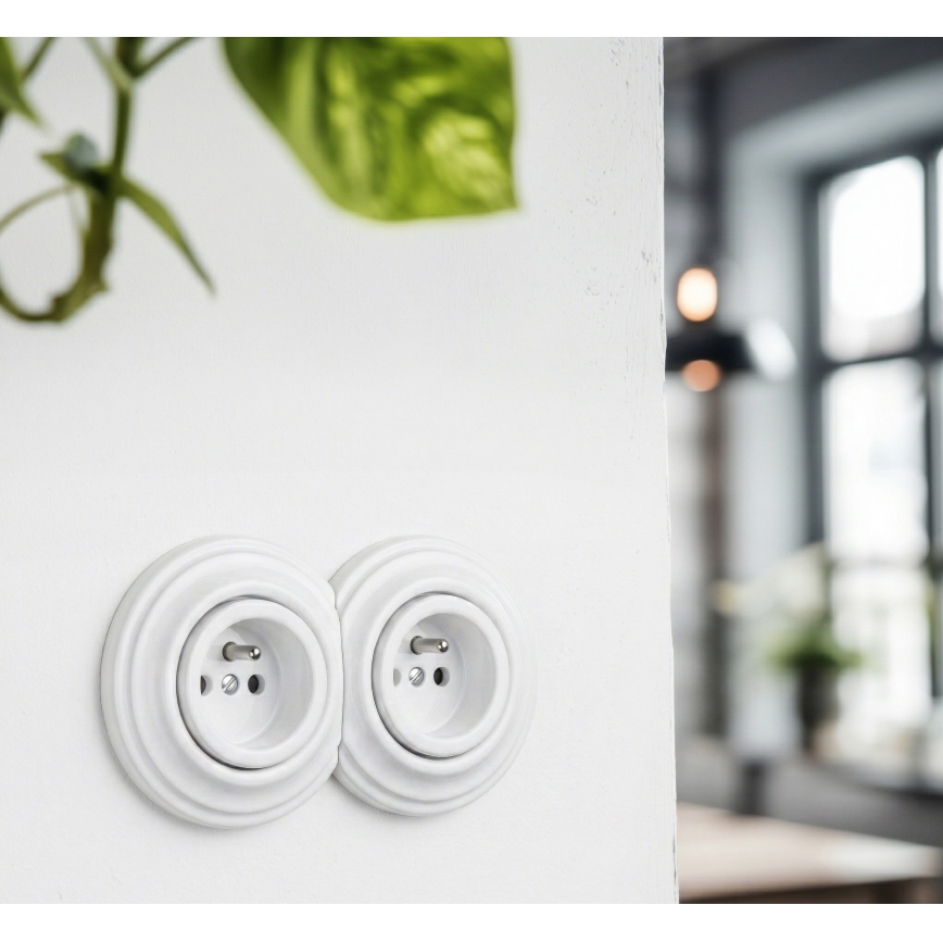 Kliklap - Presa doppia da parete in stile retrò con cornice 230V, bianco neve