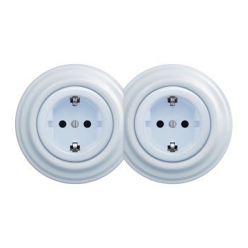 Kliklap - Presa doppia da parete in stile retrò con cornice, SCHUKO 230 V, blu