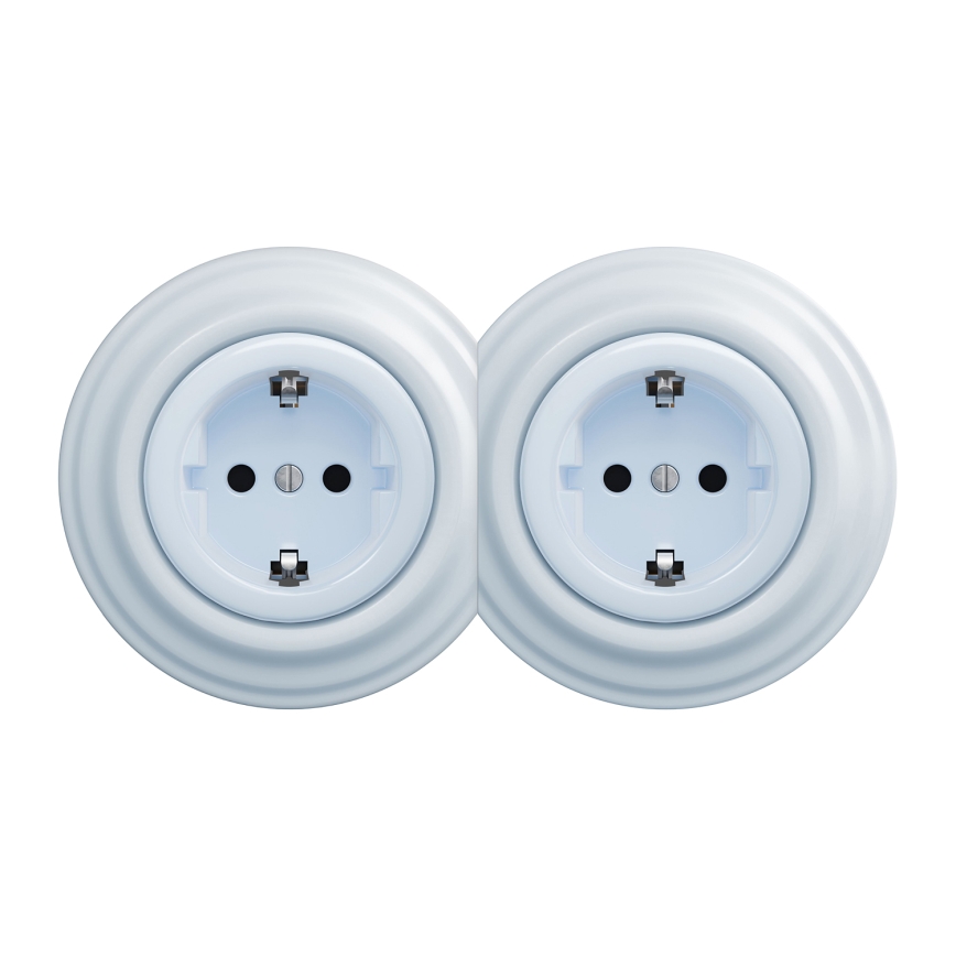 Kliklap - Presa doppia da parete in stile retrò con cornice, SCHUKO 230 V, blu