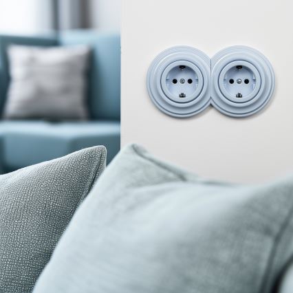 Kliklap - Presa doppia da parete in stile retrò con cornice, SCHUKO 230 V, blu