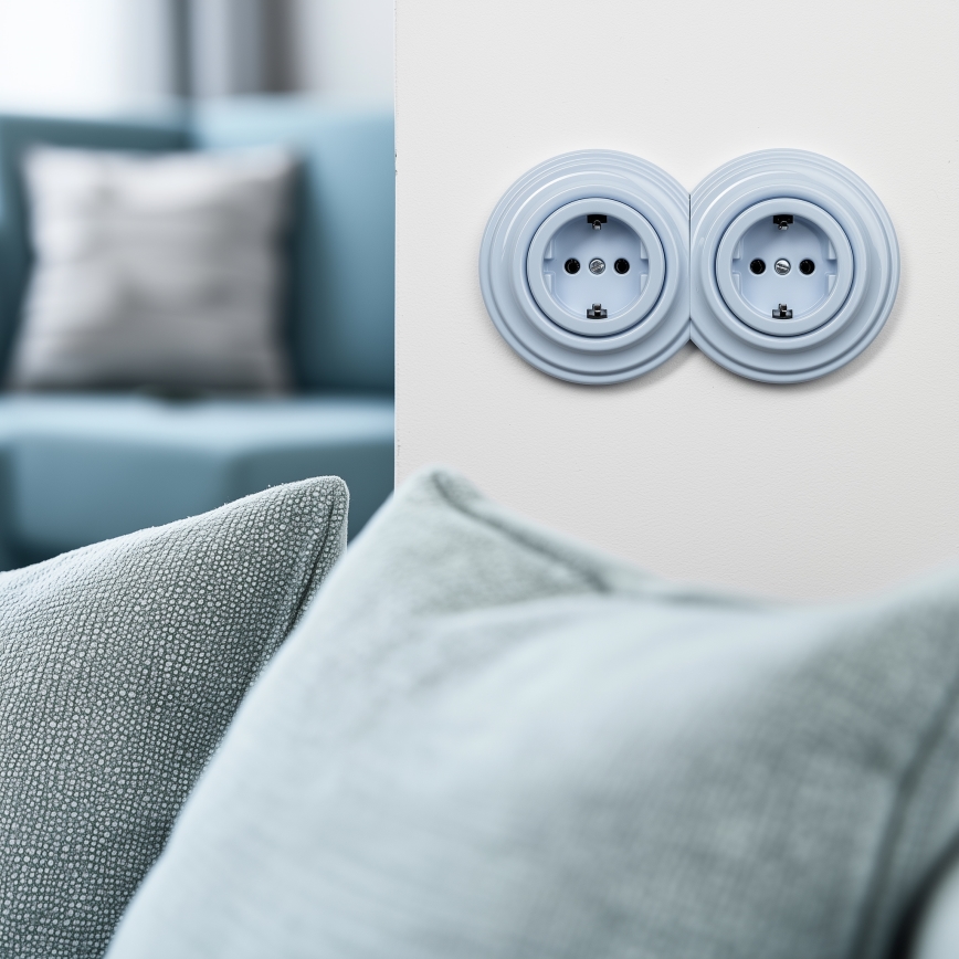 Kliklap - Presa doppia da parete in stile retrò con cornice, SCHUKO 230 V, blu