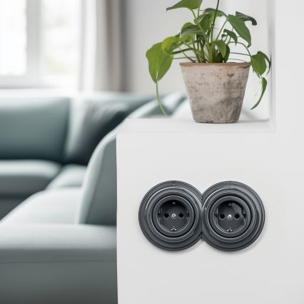 Kliklap - Presa doppia da parete in stile retrò SCHUKO 230 V con cornice, antracite