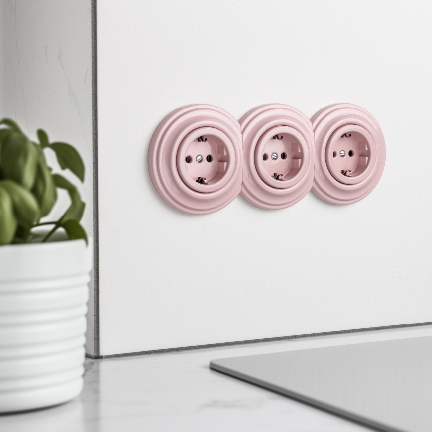 Kliklap - Presa tripla da parete in stile retrò con cornice SCHUKO 230V, rosa antico