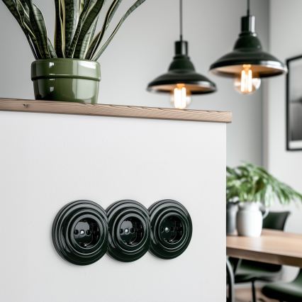 Kliklap - Presa tripla da parete in stile retrò con placca SCHUKO 230V verde