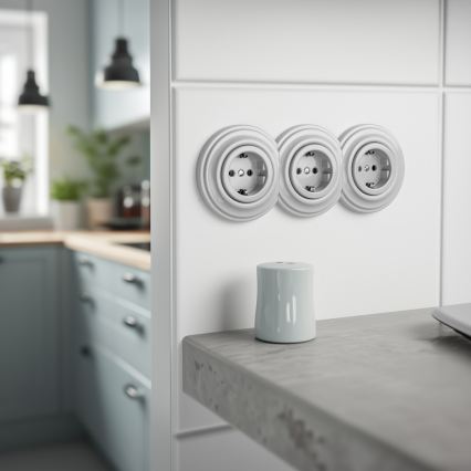Kliklap - Presa tripla in stile retrò per uso domestico con placca SCHUKO 230V in ceramica bianca