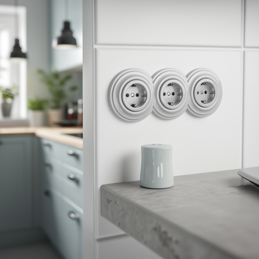 Kliklap - Presa tripla in stile retrò per uso domestico con placca SCHUKO 230V in ceramica bianca