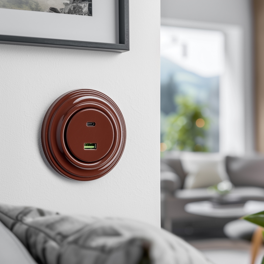 Kliklap - Presa USB Retro A+C con cornice marrone